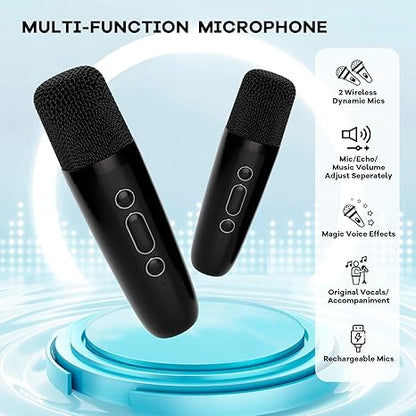 Mini karaoke machine with 2 wireless microphones