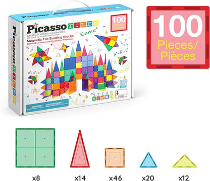 PicassoTiles 100 Piece Set of 100 Magnet Building Tiles Clear Magnetic 3D Building Bricks