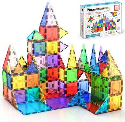 PicassoTiles 100 Piece Set of 100 Magnet Building Tiles Clear Magnetic 3D Building Bricks